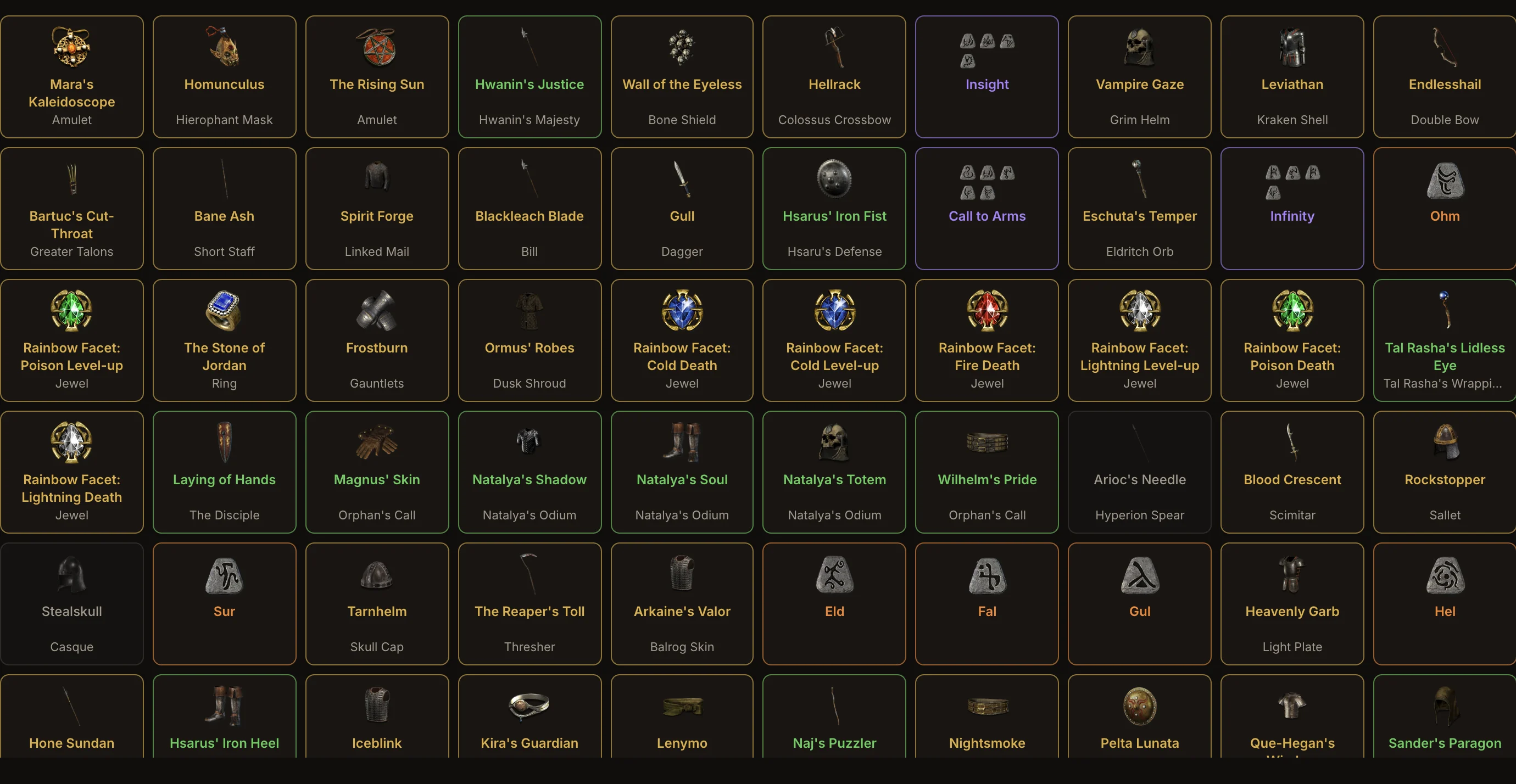 A wall of grail item cards: found items in their item color, missing items dimmed