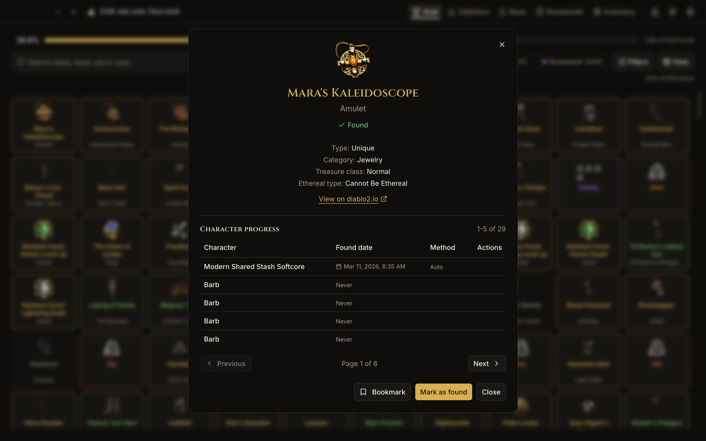 Item details for Mara's Kaleidoscope: found, with type, category and the characters that found it